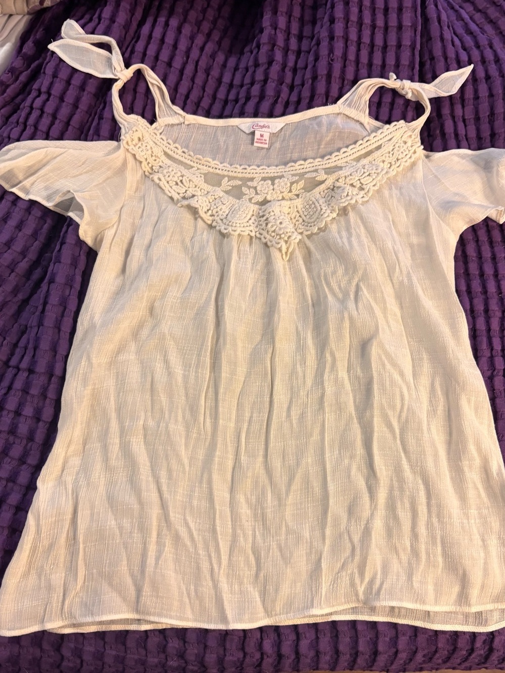 Candies Crochet-Trim Cold-Shoulder Top — Cream
